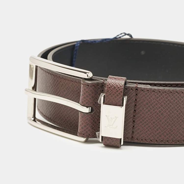Pre Owned Louis Vuitton Brown Taiga Leather LV City Pin Buckle Belt 85 CM