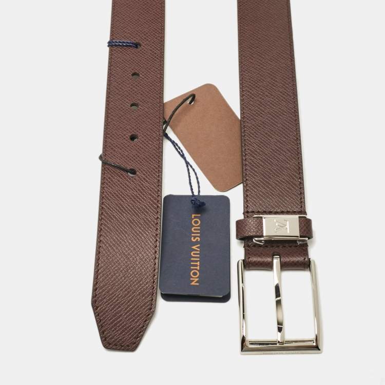 Pre Owned Louis Vuitton Brown Taiga Leather LV City Pin Buckle Belt 85 CM