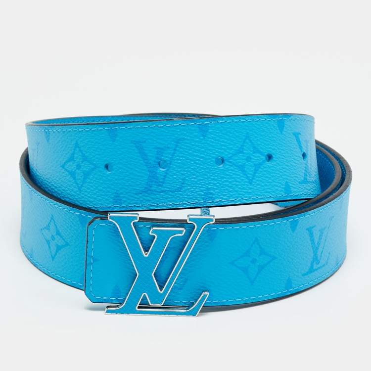 Pre Owned Louis Vuitton LV Initiales 100 CM Reversible Buckle Belt Lagoon Blue Monogram Canvas