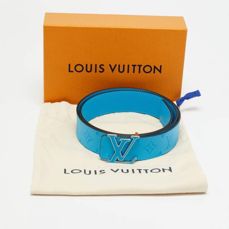 Pre Owned Louis Vuitton LV Initiales 100 CM Reversible Buckle Belt Lagoon Blue Monogram Canvas