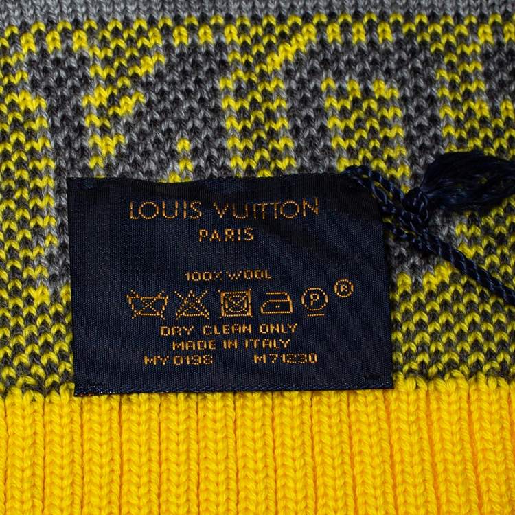 Pre Owned Louis Vuitton Grey & Yellow Logo Wool Louis Scarf