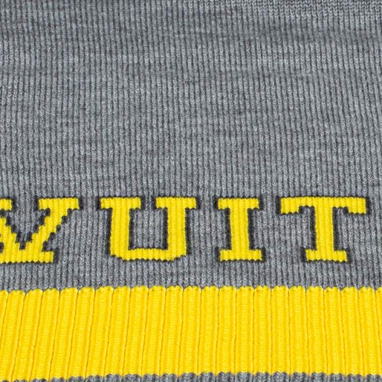 Pre Owned Louis Vuitton Grey & Yellow Logo Wool Louis Scarf