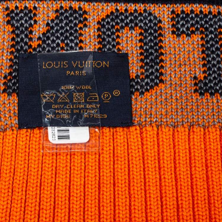 Pre Owned Louis Vuitton Navy Blue & Orange Logo Wool Louis Scarf