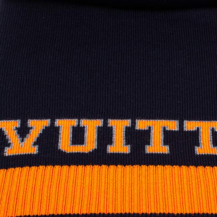 Pre Owned Louis Vuitton Navy Blue & Orange Logo Wool Louis Scarf
