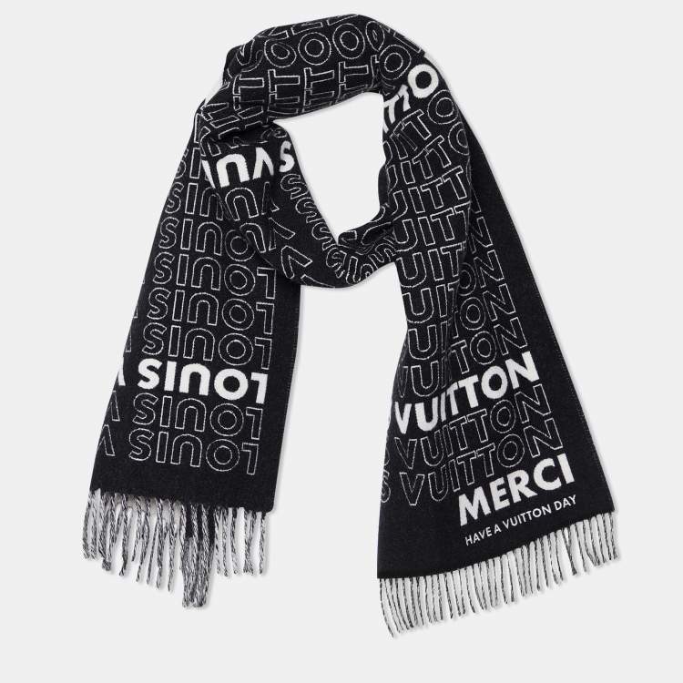 Pre Owned Louis Vuitton Black Logo Intarsia Knit Wool & Cashmere Fringed Muffler