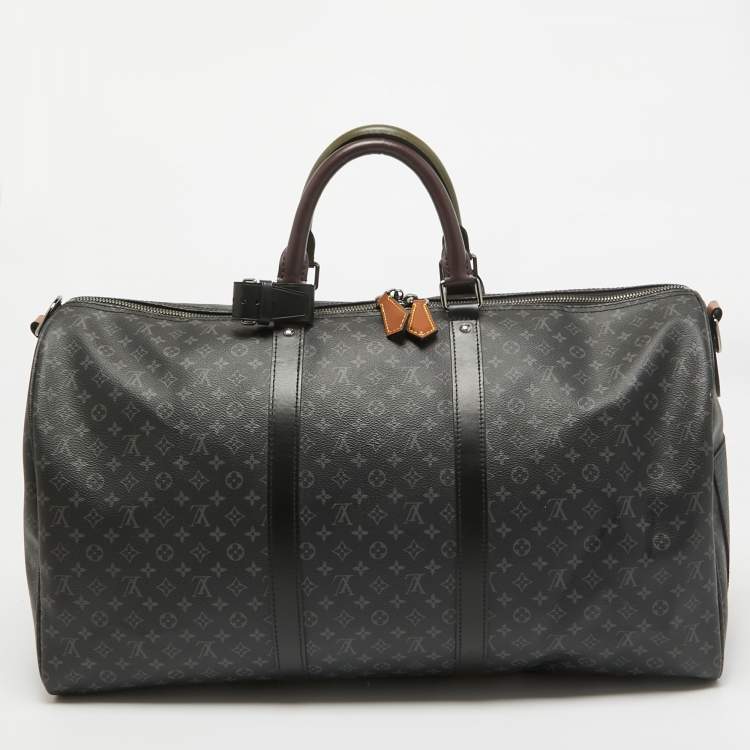 Pre Owned Louis Vuitton Monogram Eclipse Canvas Patchwork Keepall Bandouliere 50 Bag