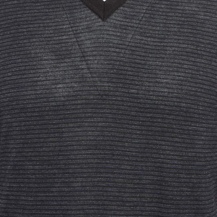 Pre Owned Louis Vuitton Navy Blue Striped Knit V-Neck Sweatshirt M