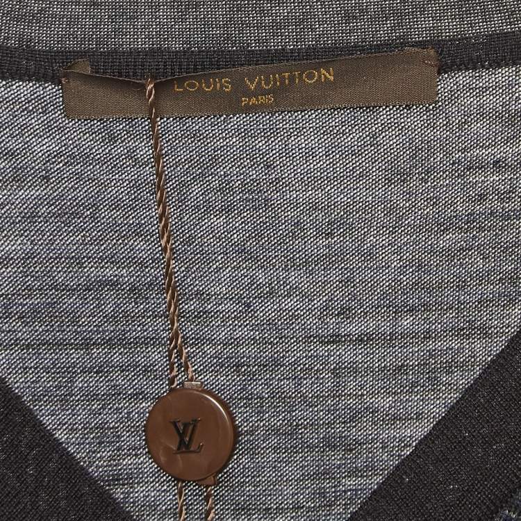 Pre Owned Louis Vuitton Navy Blue Striped Knit V-Neck Sweatshirt M