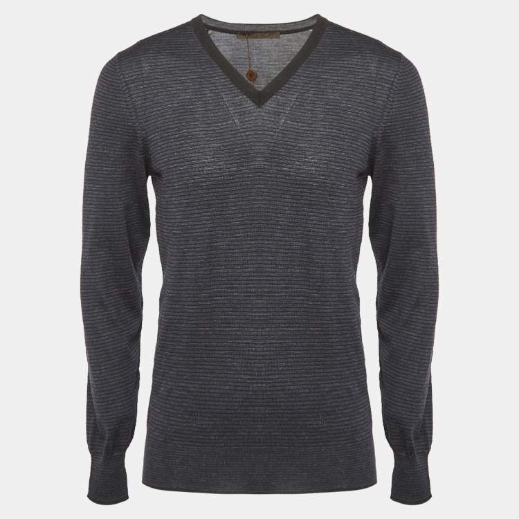 Pre Owned Louis Vuitton Navy Blue Striped Knit V-Neck Sweatshirt M
