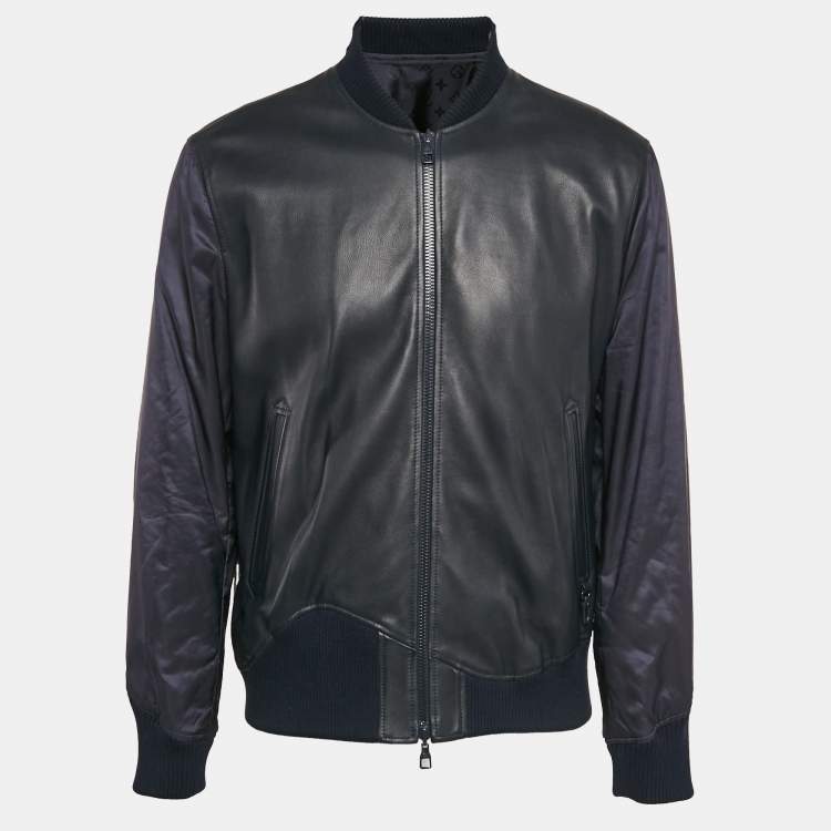 Pre Owned Louis Vuitton Navy Blue Monogram Leather and Nylon Reversible Technical Jacket M
