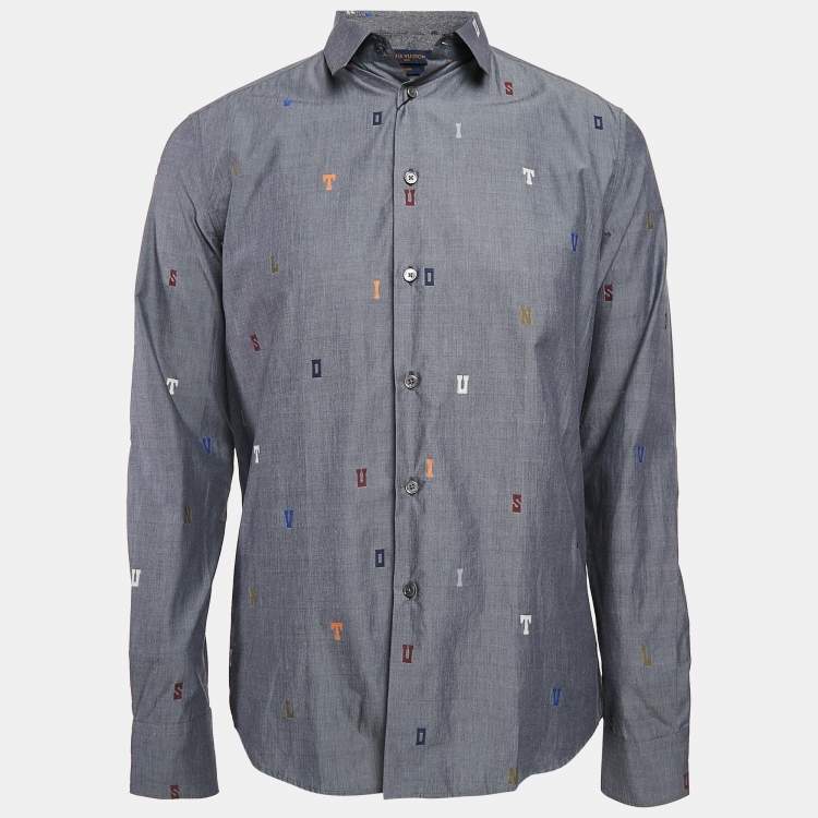 Pre Owned Louis Vuitton Grey Alphabet Fil Coupe Cotton DNA Collar Shirt S