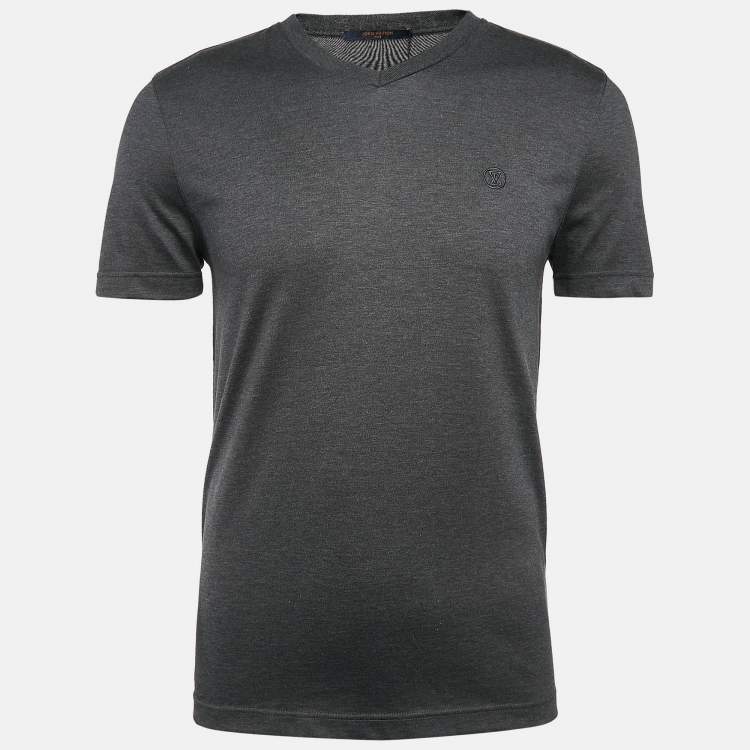 Pre Owned Louis Vuitton Grey LV Embroidered Jersey V-Neck T-Shirt XS