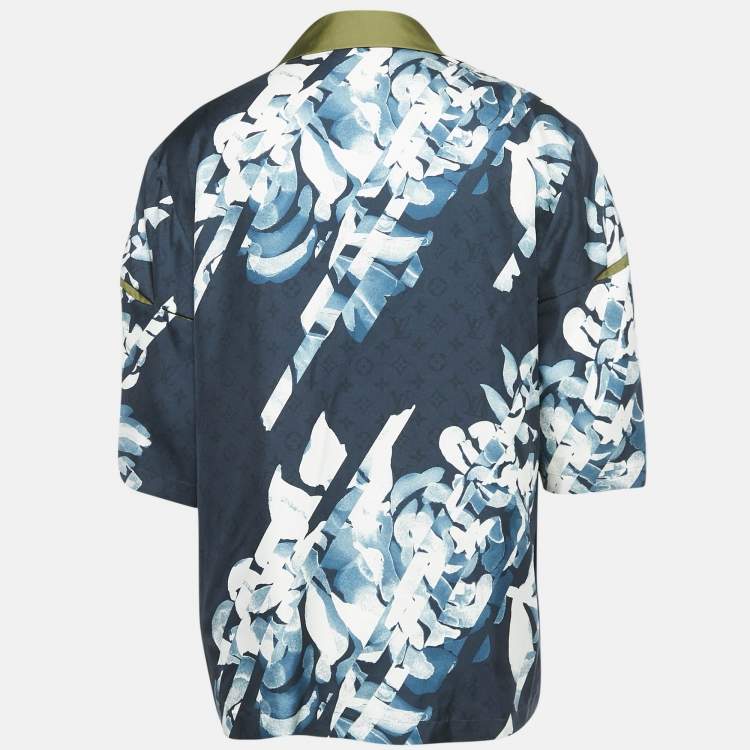 Pre Owned Louis Vuitton Blue Floral Monogram Print Silk Short Sleeve Shirt XXL
