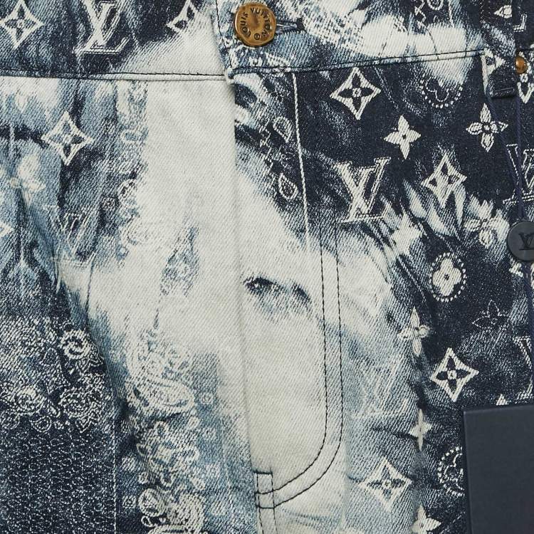 مملوكة مسبقًا Louis Vuitton Blue Bleached Bandana Monogram Print Denim Shorts L Waist 34"