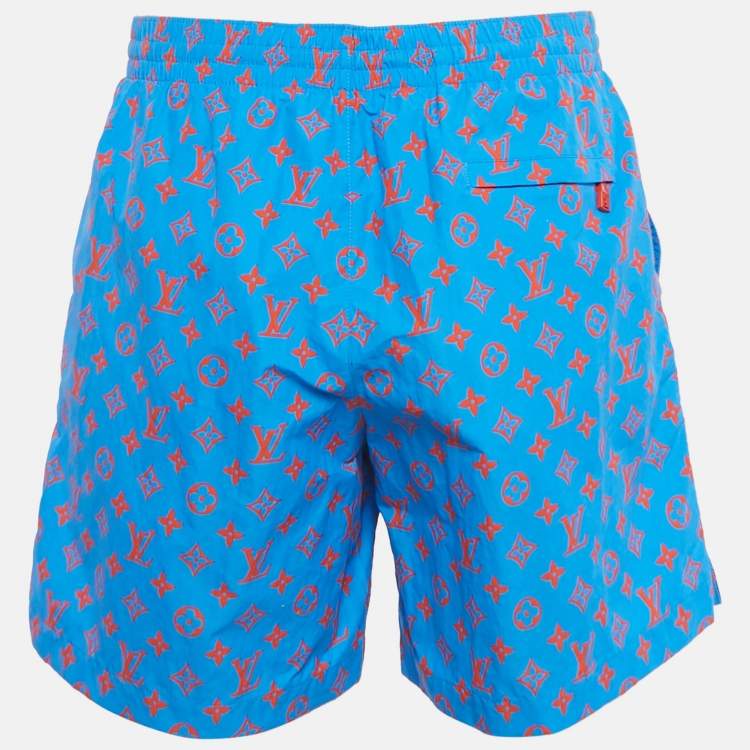 Pre Owned Louis Vuitton Blue Logo Monogram Printed Polyamide Mesh Insert Swim Shorts L