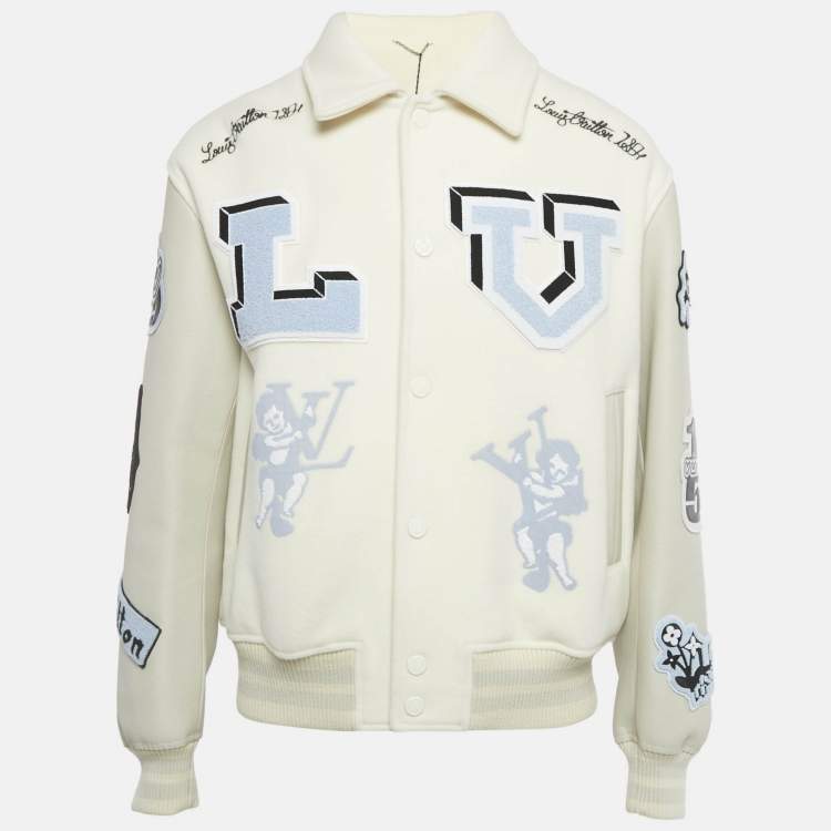 Pre Owned Louis Vuitton White/Grey Felt and Leather AS Patch Varsity Blouson XL