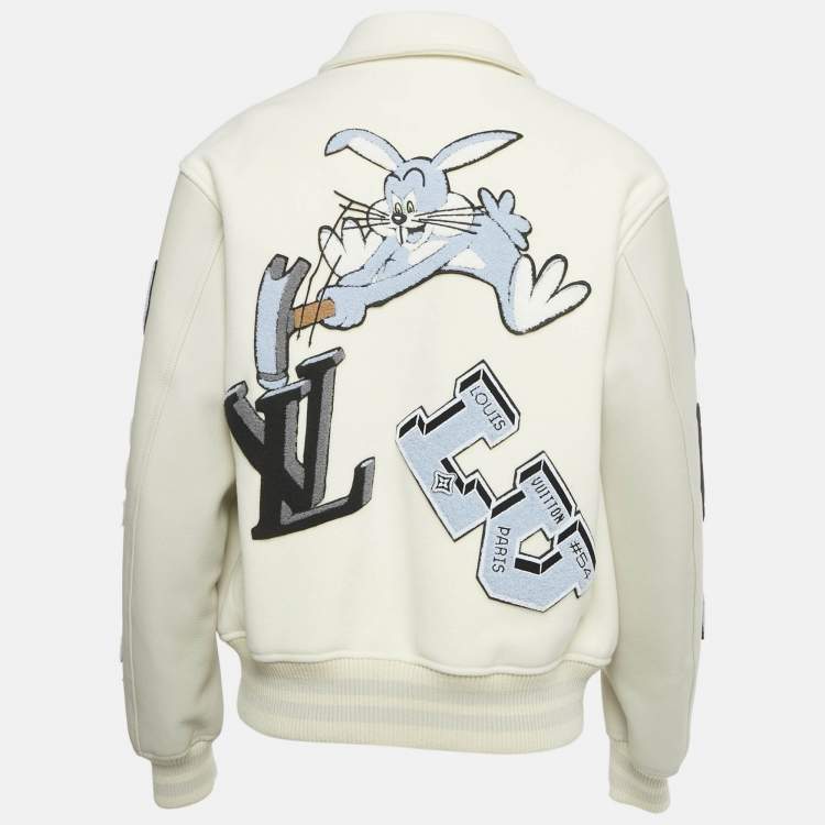 Pre Owned Louis Vuitton White/Grey Felt and Leather AS Patch Varsity Blouson XL