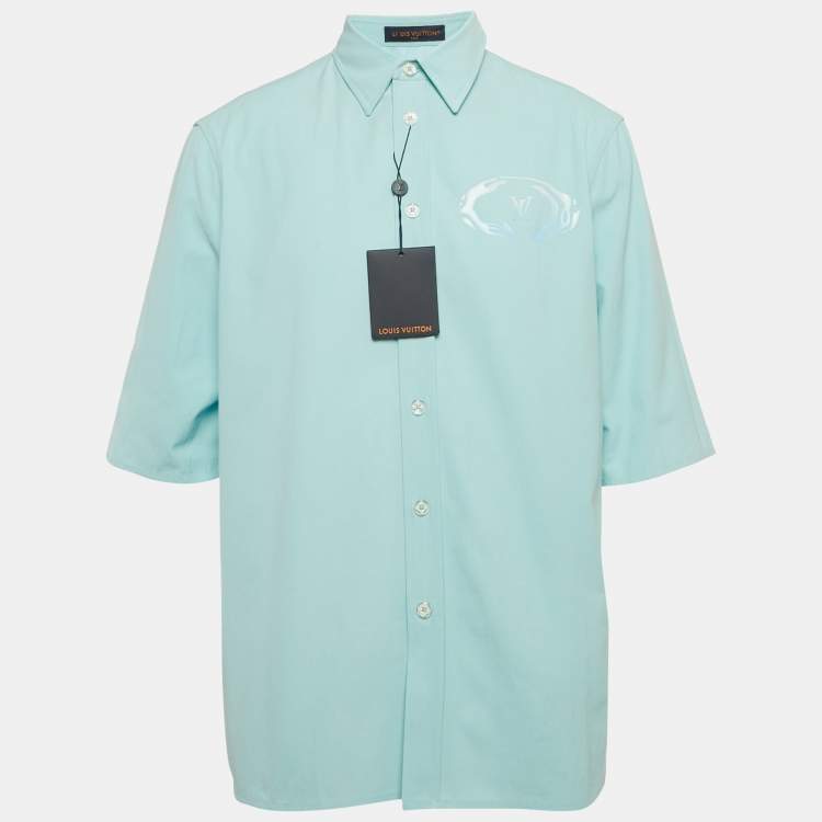 Pre Owned Louis Vuitton Blue Logo Print Cotton Short Sleeve Shirt M