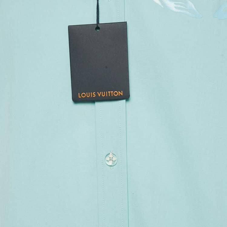 Pre Owned Louis Vuitton Blue Logo Print Cotton Short Sleeve Shirt M
