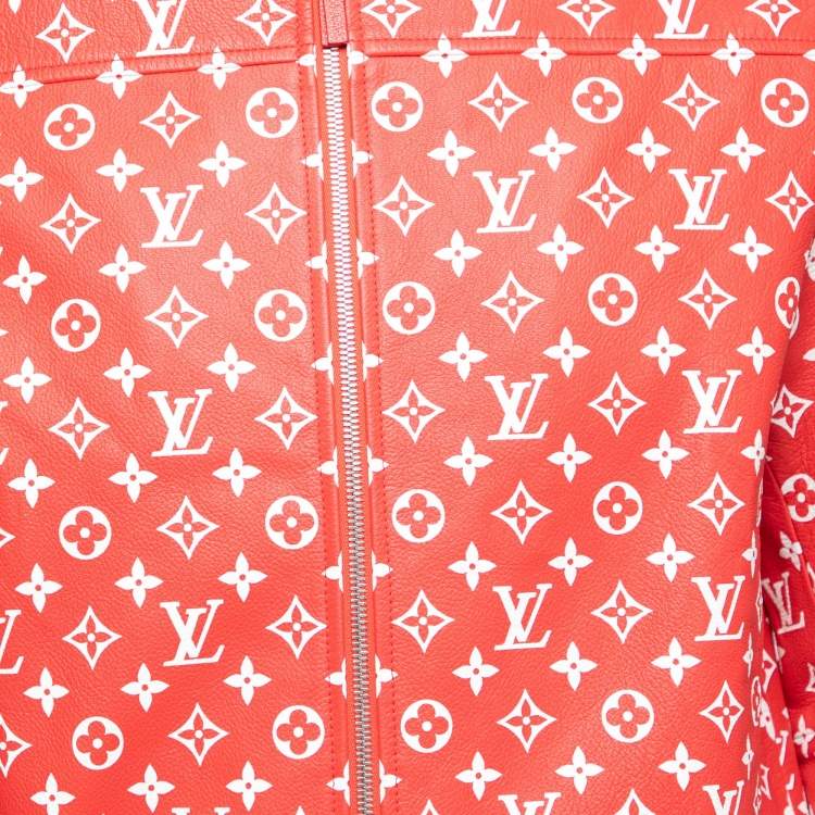 Pre Owned Louis Vuitton X Supreme Red Monogrammed Leather Bomber Jacket M