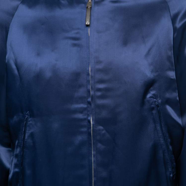 Pre Owned Louis Vuitton Blue Sateen Rib Knit Trimmed Zip Front Jacket L