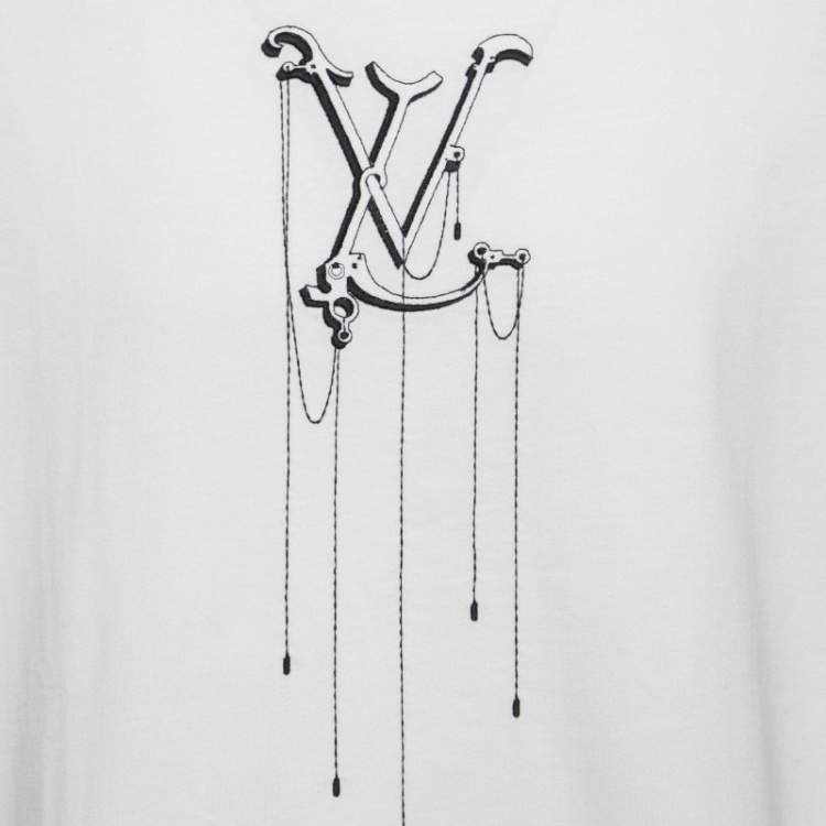 Pre Owned Louis Vuitton Milk White LV Pendant Embroidered Cotton Crew Neck T-Shirt 4XL