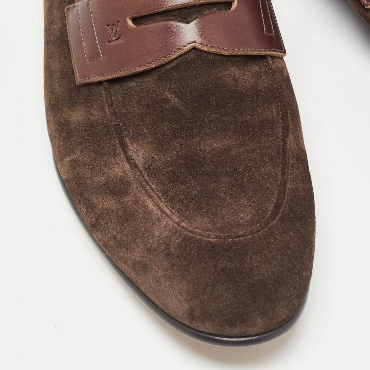 Pre Owned Louis Vuitton Brown Leather and  Suede Penny Loafers Size 43