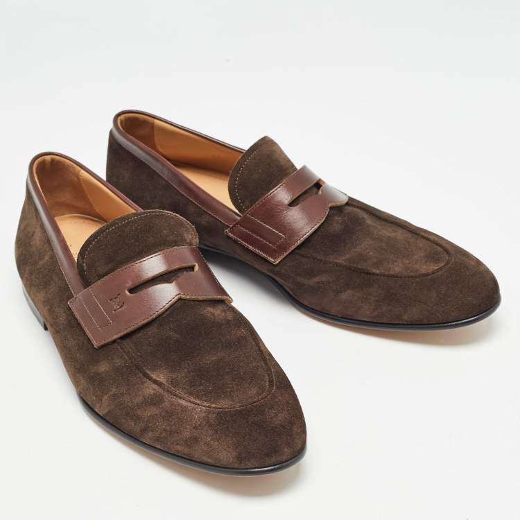 Pre Owned Louis Vuitton Brown Leather and  Suede Penny Loafers Size 43
