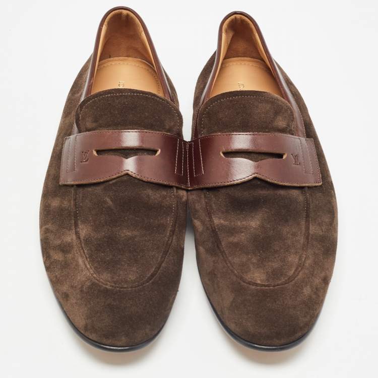 Pre Owned Louis Vuitton Brown Leather and  Suede Penny Loafers Size 43