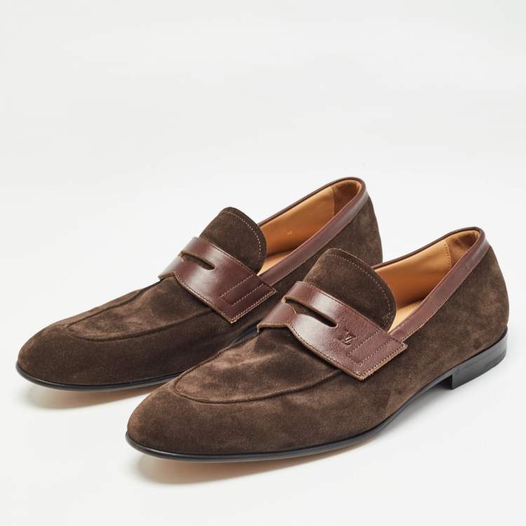 Pre Owned Louis Vuitton Brown Leather and  Suede Penny Loafers Size 43
