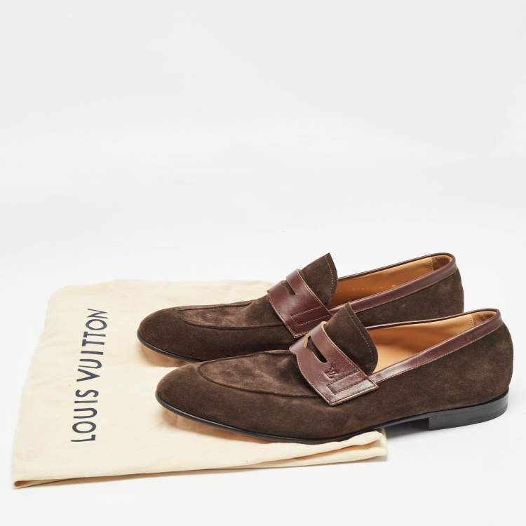 Pre Owned Louis Vuitton Brown Leather and  Suede Penny Loafers Size 43