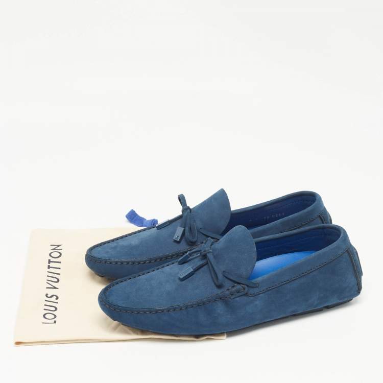 Pre Owned Louis Vuitton Navy Blue Nubuck Leather Bow Loafers Size 41