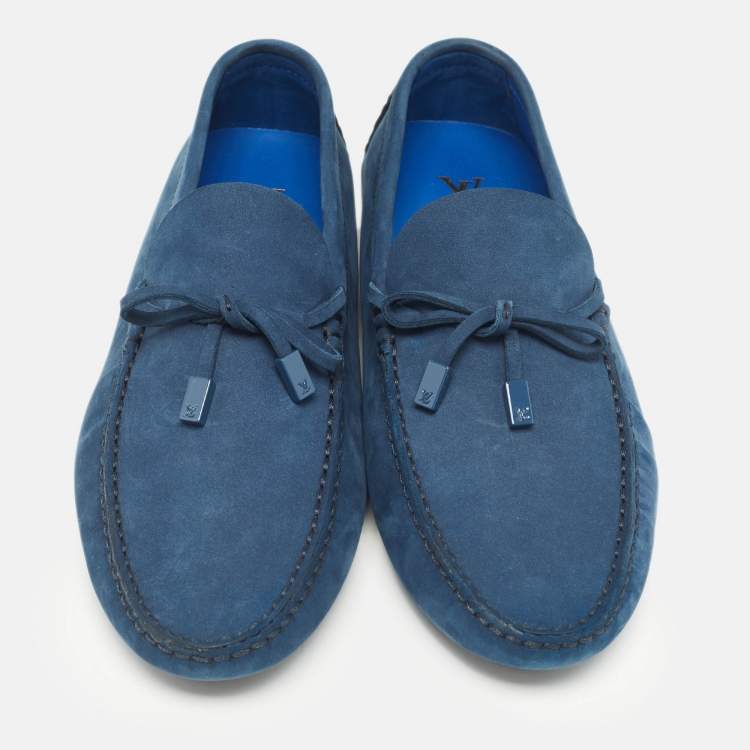 Pre Owned Louis Vuitton Navy Blue Nubuck Leather Bow Loafers Size 41