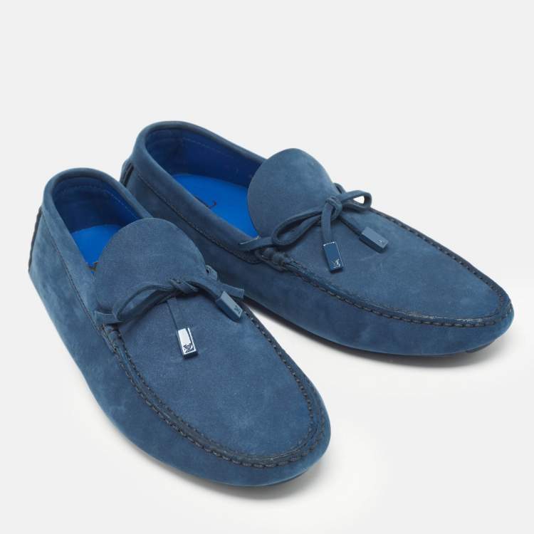 Pre Owned Louis Vuitton Navy Blue Nubuck Leather Bow Loafers Size 41