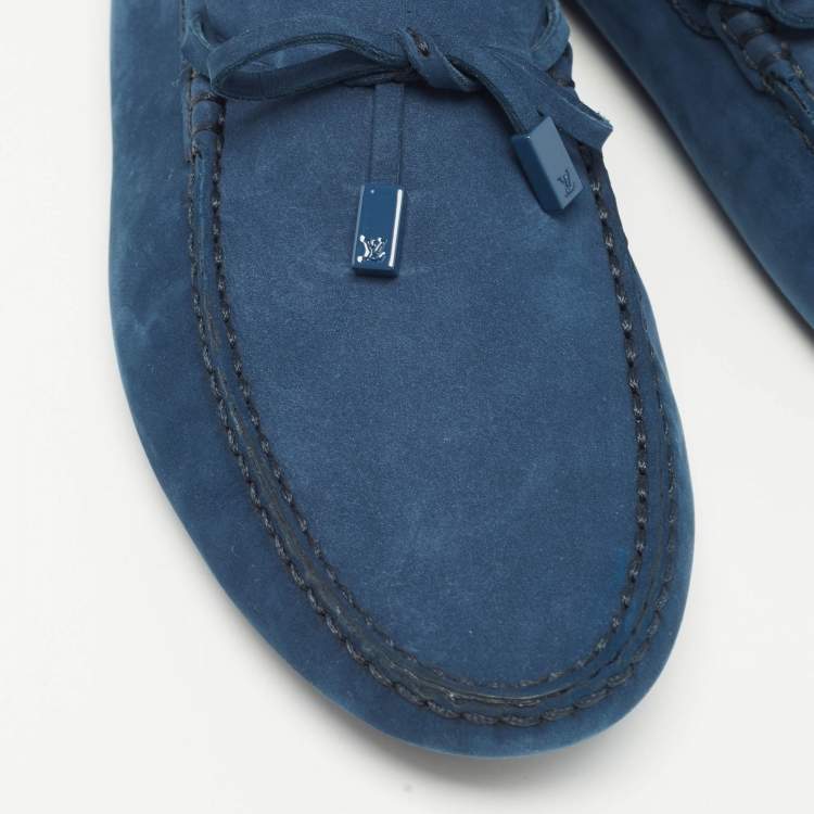 Pre Owned Louis Vuitton Navy Blue Nubuck Leather Bow Loafers Size 41