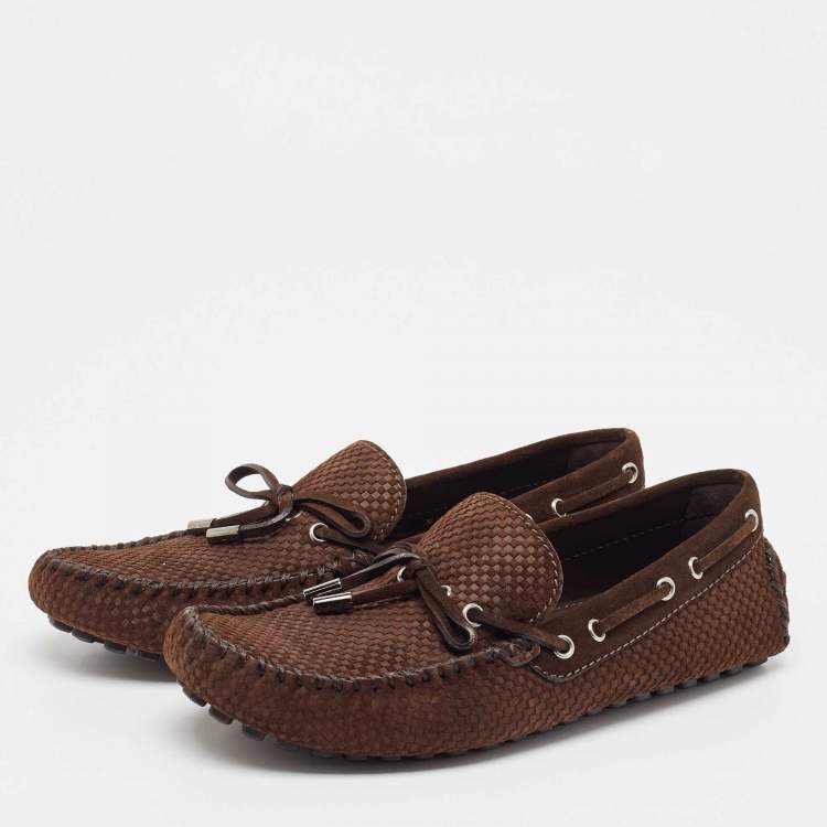 Pre Owned Louis Vuitton Brown Petit Damier Suede Navajo Loafers Size 42
