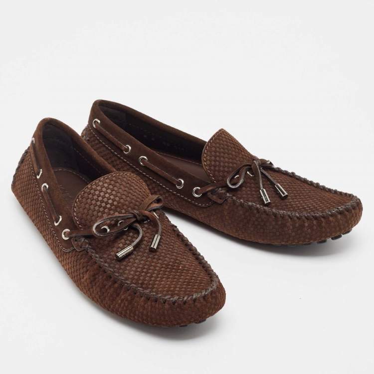 Pre Owned Louis Vuitton Brown Petit Damier Suede Navajo Loafers Size 42
