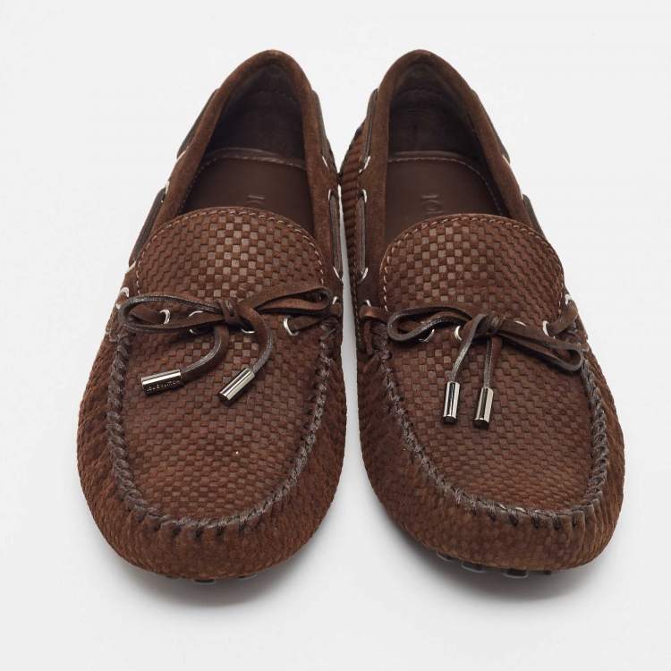 Pre Owned Louis Vuitton Brown Petit Damier Suede Navajo Loafers Size 42