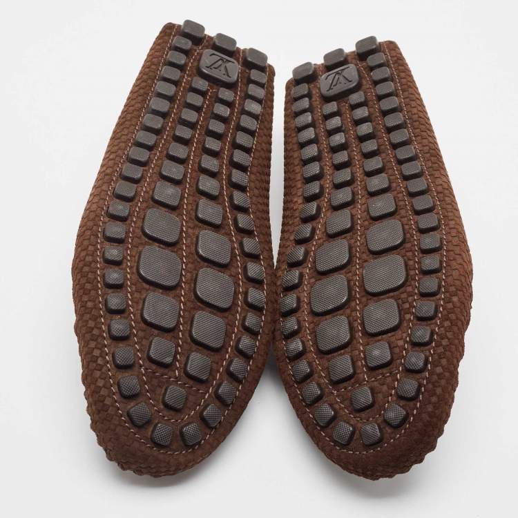 Pre Owned Louis Vuitton Brown Petit Damier Suede Navajo Loafers Size 42