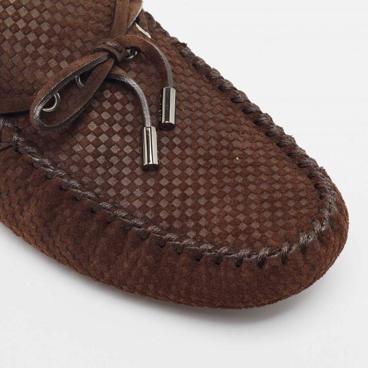 Pre Owned Louis Vuitton Brown Petit Damier Suede Navajo Loafers Size 42