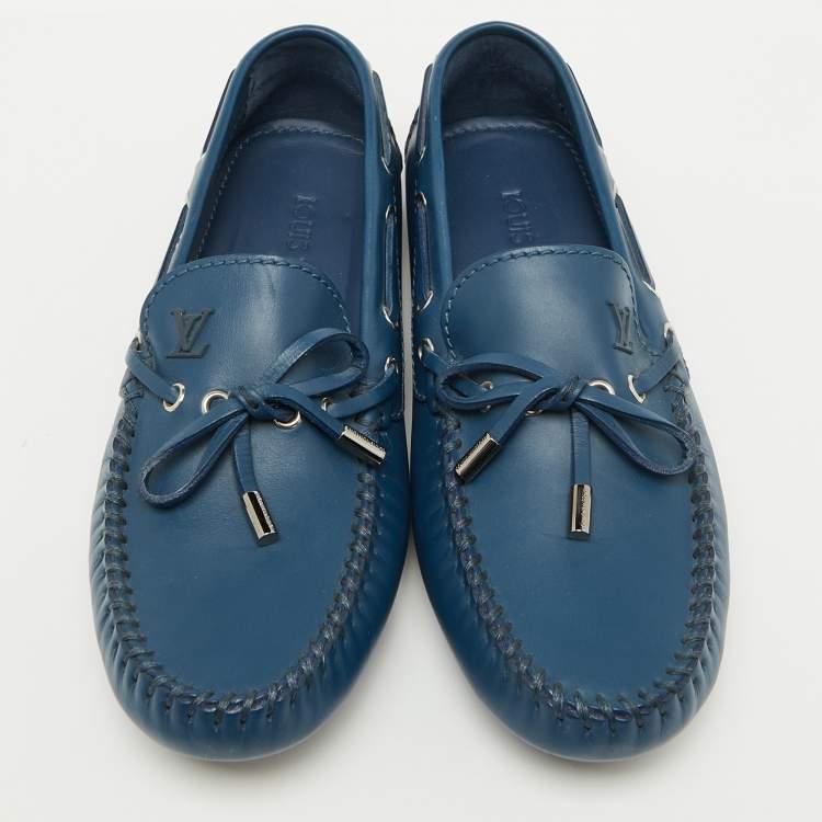Pre Owned Louis Vuitton Blue Leather Bow Arizona Loafers Size 40