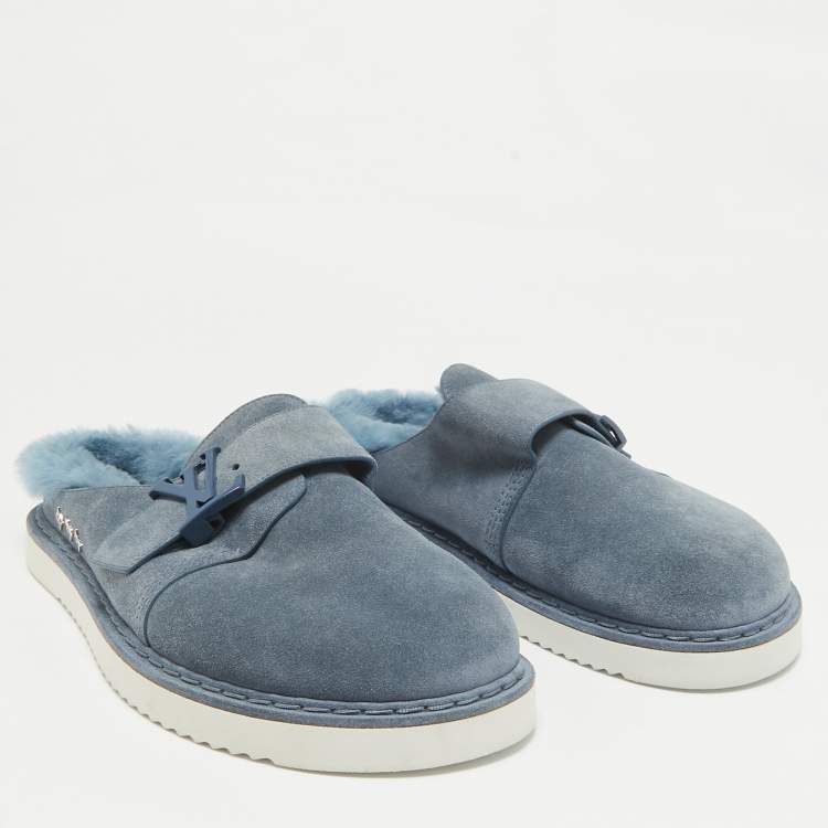 Pre Owned Louis Vuitton Blue Fur and Suede Easy Mules Size 41