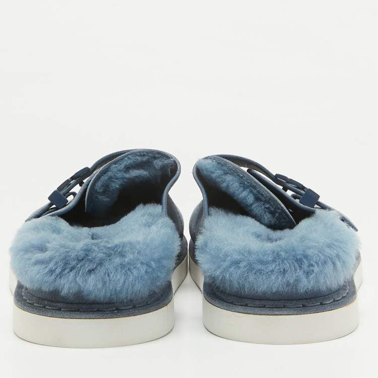 Pre Owned Louis Vuitton Blue Fur and Suede Easy Mules Size 41