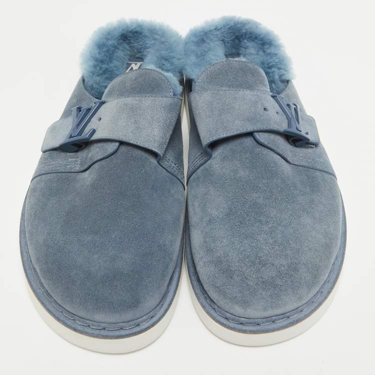 Pre Owned Louis Vuitton Blue Fur and Suede Easy Mules Size 41