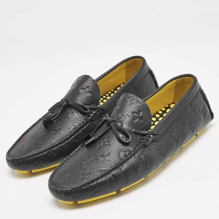 Pre Owned Louis Vuitton Black Monogram Embossed Leather Driver Loafers  Size 43.5