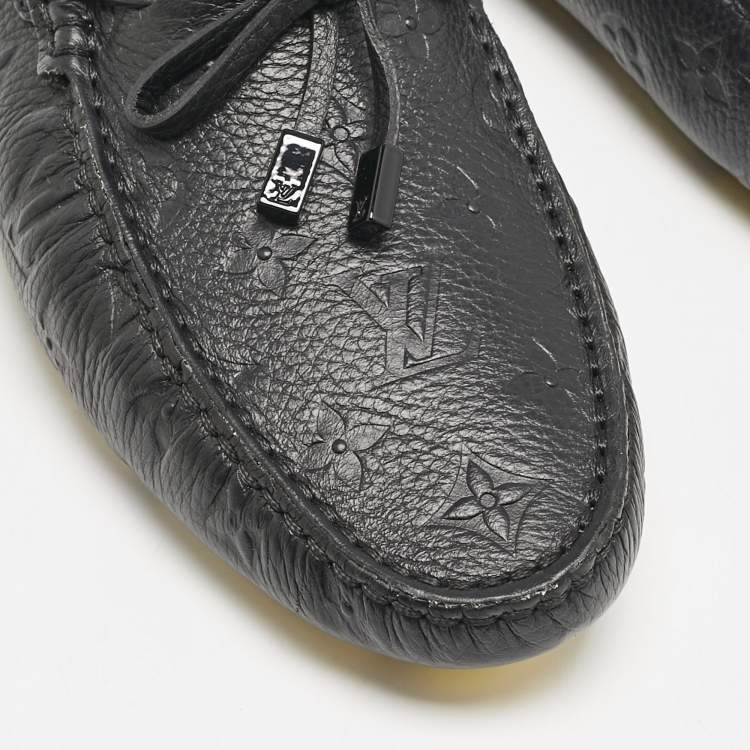 Pre Owned Louis Vuitton Black Monogram Embossed Leather Driver Loafers  Size 43.5