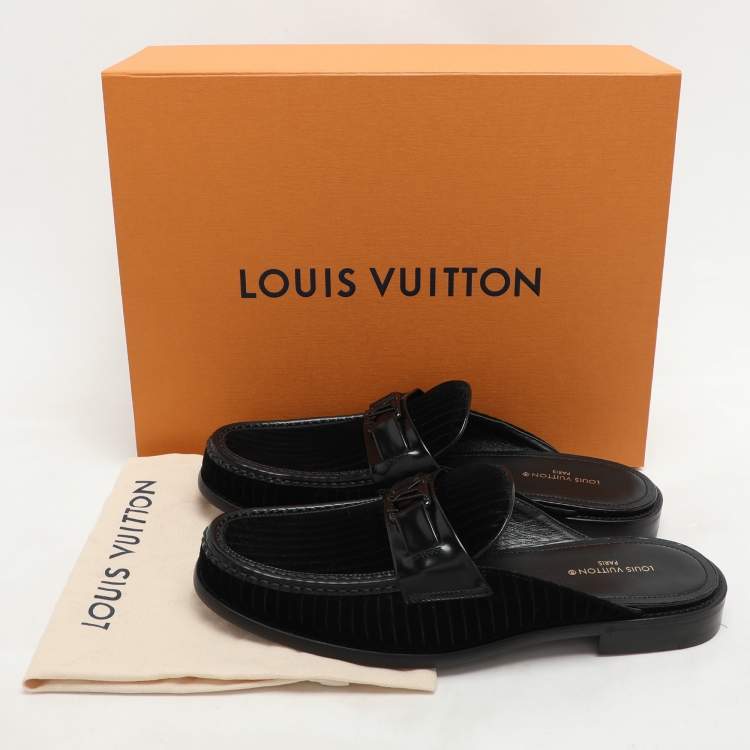 Pre Owned Louis Vuitton Black Leather and Velvet Major Open Back Loafers Size 42.5