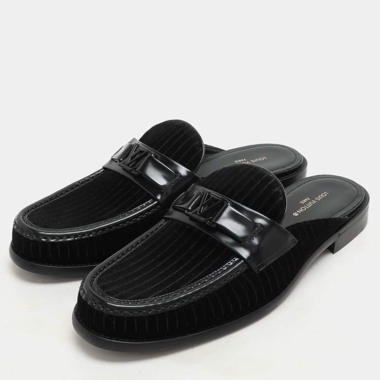Pre Owned Louis Vuitton Black Leather and Velvet Major Open Back Loafers Size 42.5