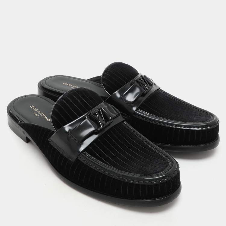 Pre Owned Louis Vuitton Black Leather and Velvet Major Open Back Loafers Size 42.5