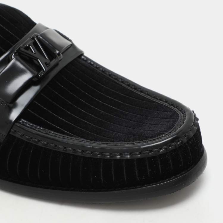 Pre Owned Louis Vuitton Black Leather and Velvet Major Open Back Loafers Size 42.5